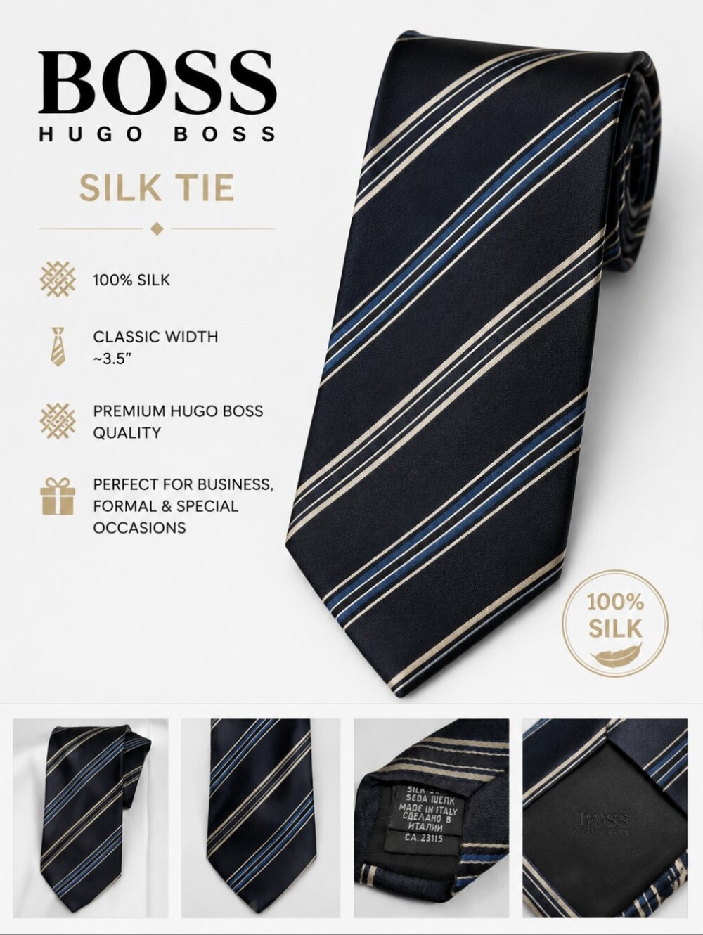 Hugo Boss Silk Midnight Navy Blue Pinstripe Tie Wedding Prom Formal Party
